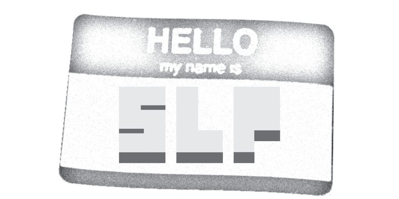 Rendering of the SuperLiteralProducts logo on a hello my name is badge