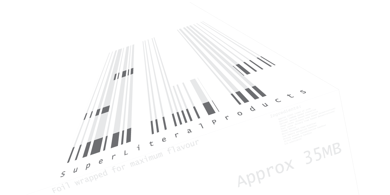 Metaphorical representation of SuperLiterProducts represented
                 in packaging synonimous with boxed food or seasoning. The logo is
                 represented as a barcode.