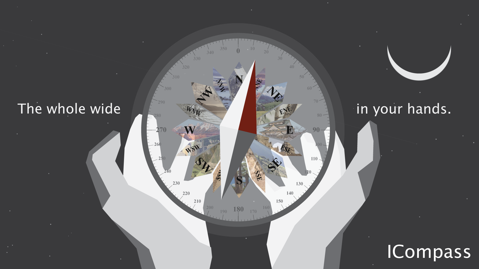 Illustration of a compass with different natural landscapes masking the cardinal points.