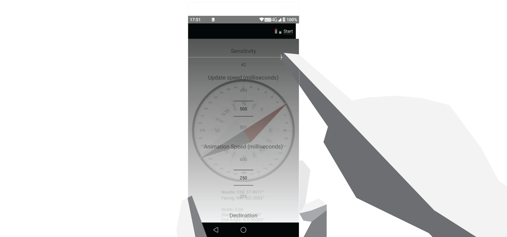 Illustration of a finger moving the sensitivity slider in 
                     the ICompass settings.