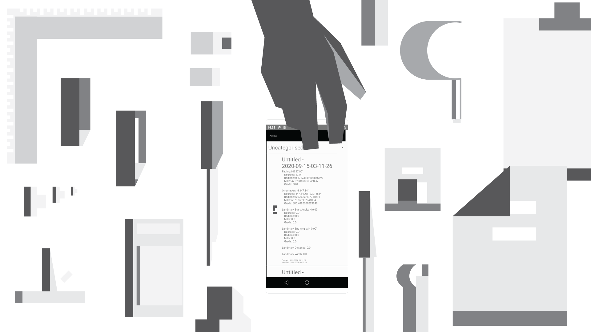 Illustration showing a vast array of tools commonly used in hiking 
                     and compass plotting. Center this is a smartphone 
                     demonstrating a list of compass log entries. 
                     A hand reaches from the top of the image toward the 
                     smartphone in preference toward this device vs all 
                     other surrounding tools.