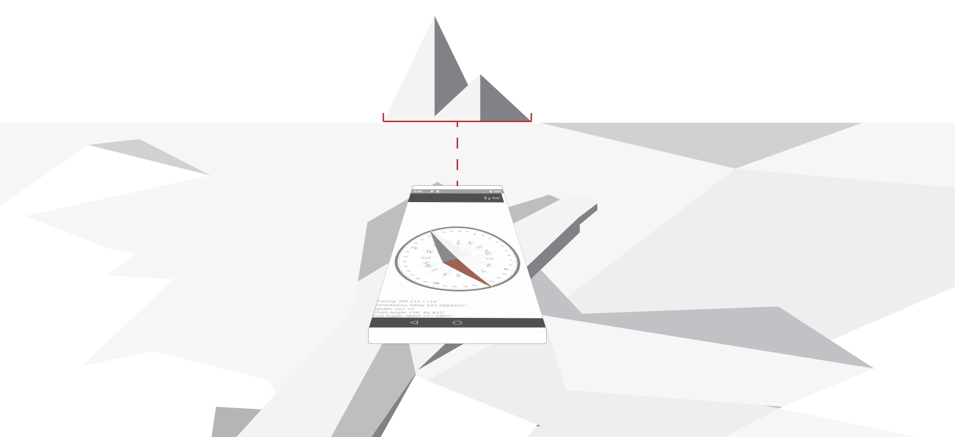 Illustration of a hand point a smartphone running the ICompass application
                     at a mountain like structure, another hand augments the compass bearing.