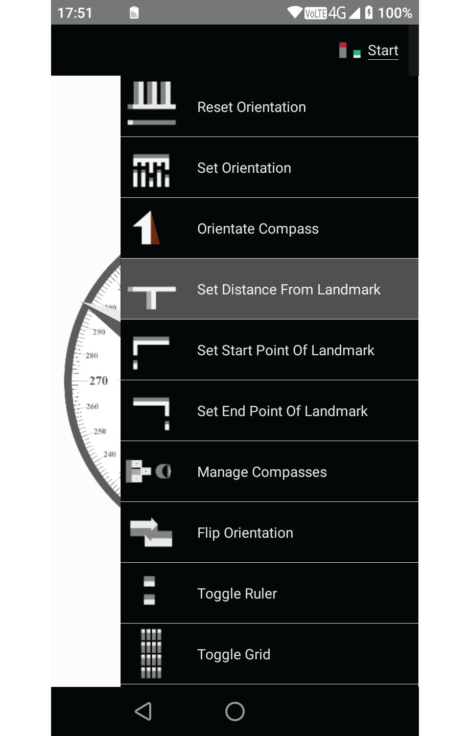Screenshot showing the compass menu expanded with
                            the set distance from landmark menu item highlighted.