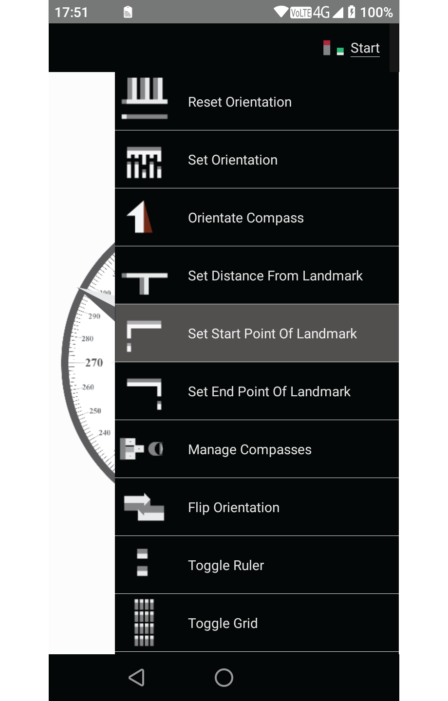 Screenshot showing the compass menu expanded with
                            the set start point of landmark menu item highlighted.