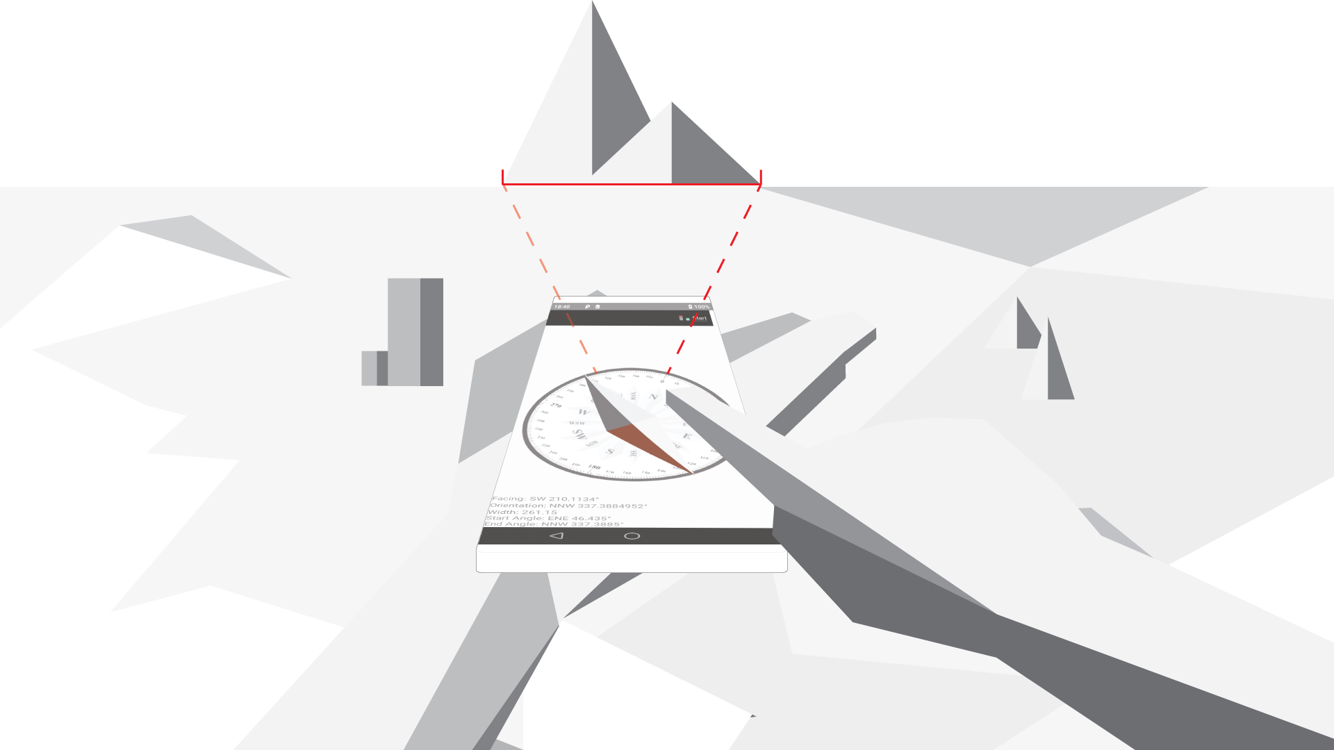 Screenshot depicting the idea of moving the compass face to point first to
                            the beginning of the landmark as described in step 3 and then to the
                            end of the landmark as described in step 5.