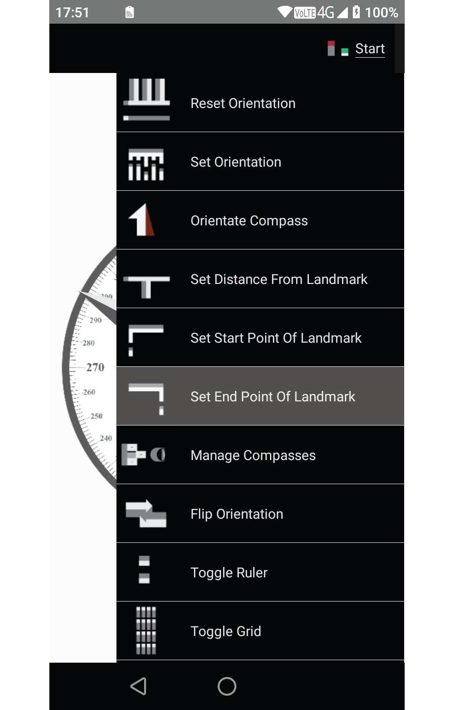 Screenshot showing the compass menu expanded with
                            the set start point of landmark menu item highlighted.