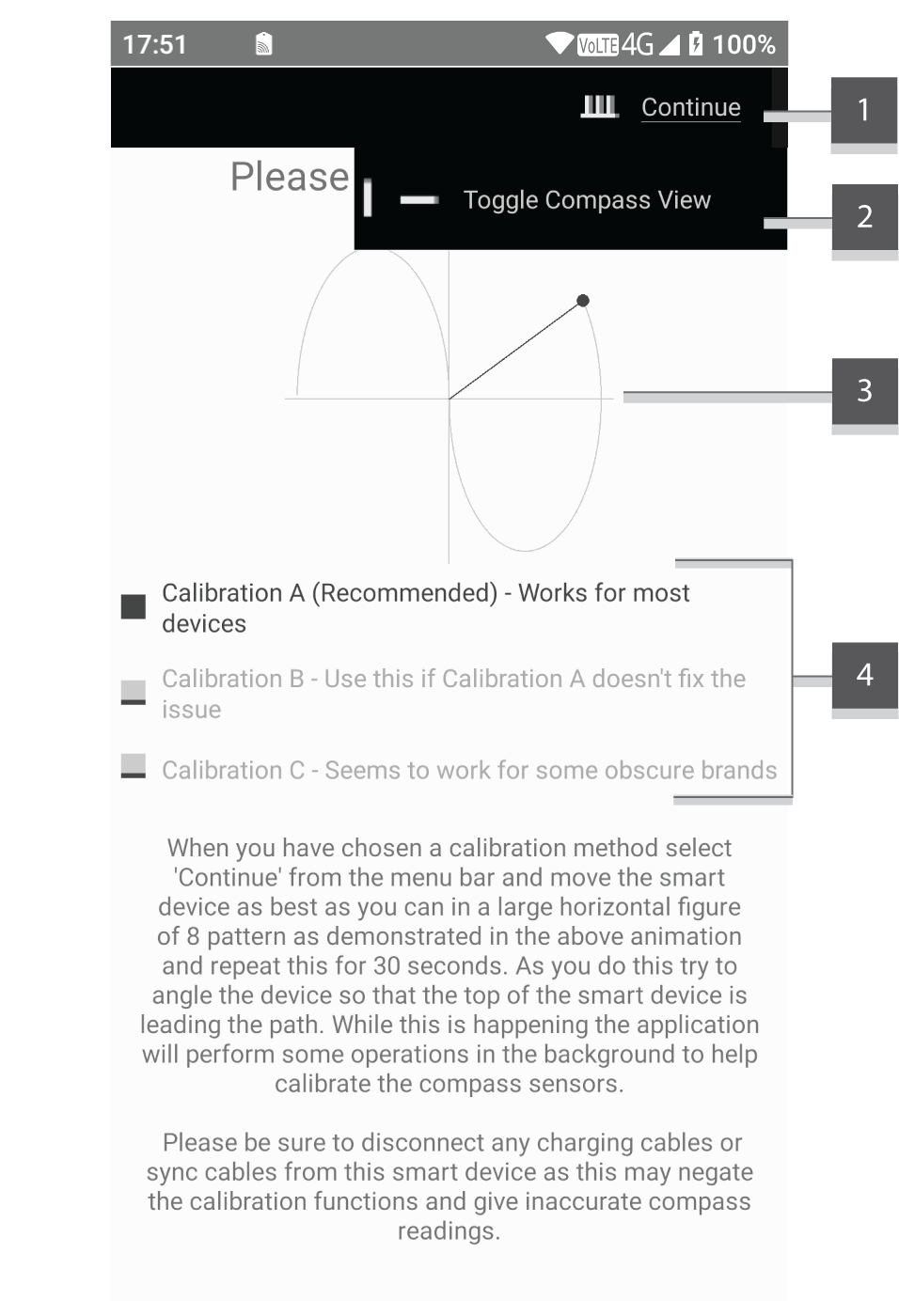 Screenshot showing the calibration activity before it has finished executing with menu expanded with numeric annotations attached to each menu item.
