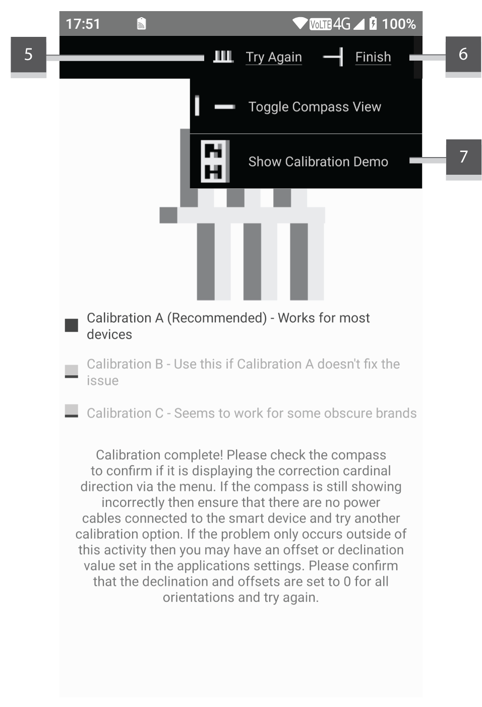 Screenshot showing the calibration activity after it has finished executing with the menu expanded with numeric annotations attached to each menu item.