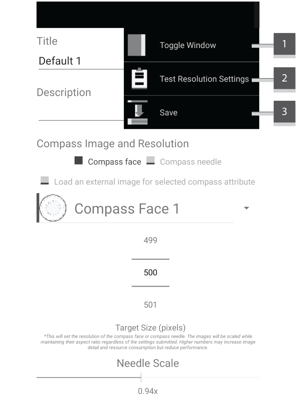 Screenshot showing compass editor menu expanded.