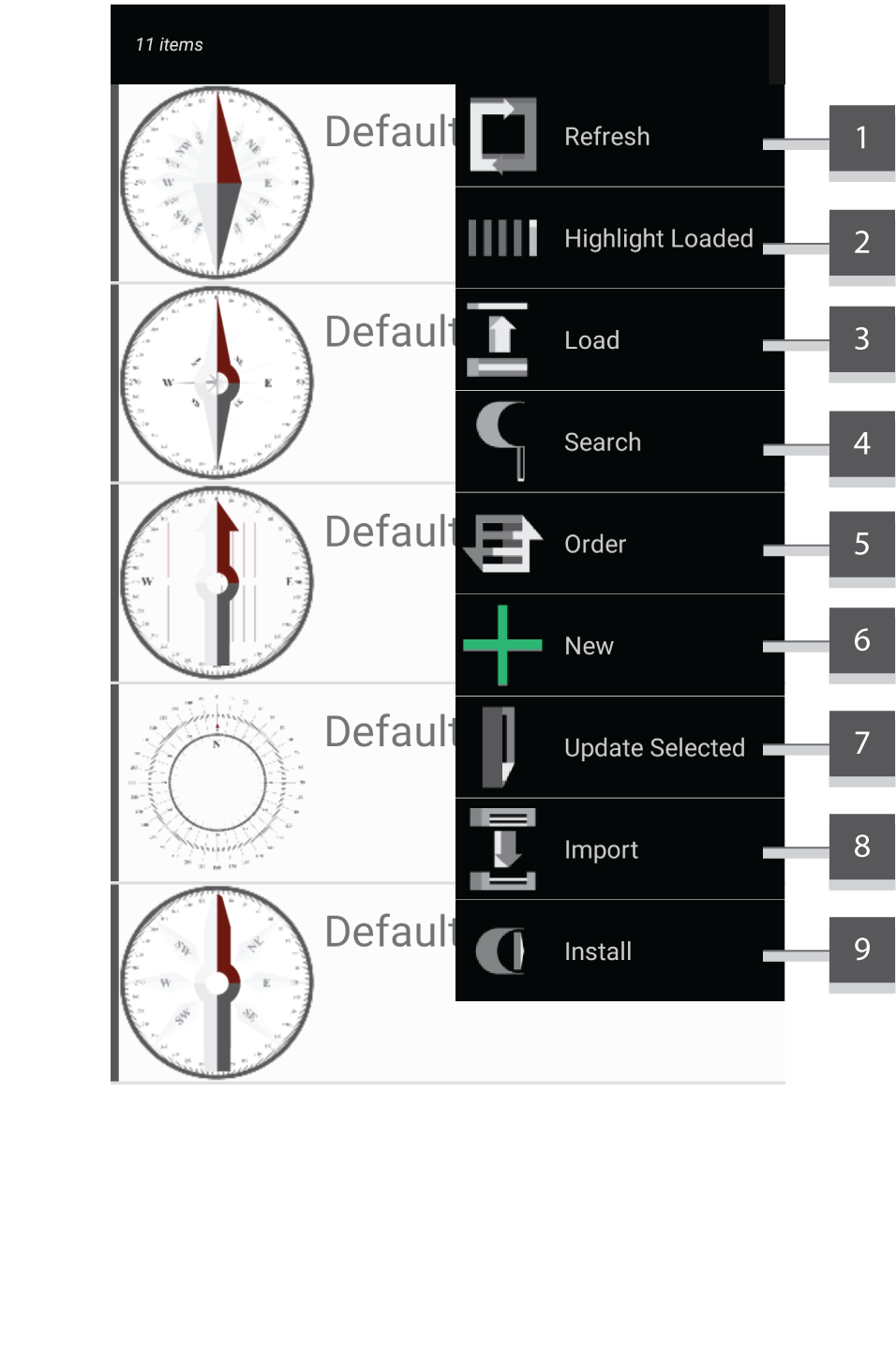 Screenshot showing compass manager menu expanded.