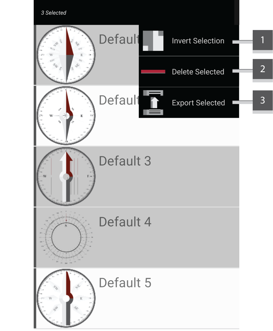 Screenshot showing compass manager in highlight mode with menu expanded.