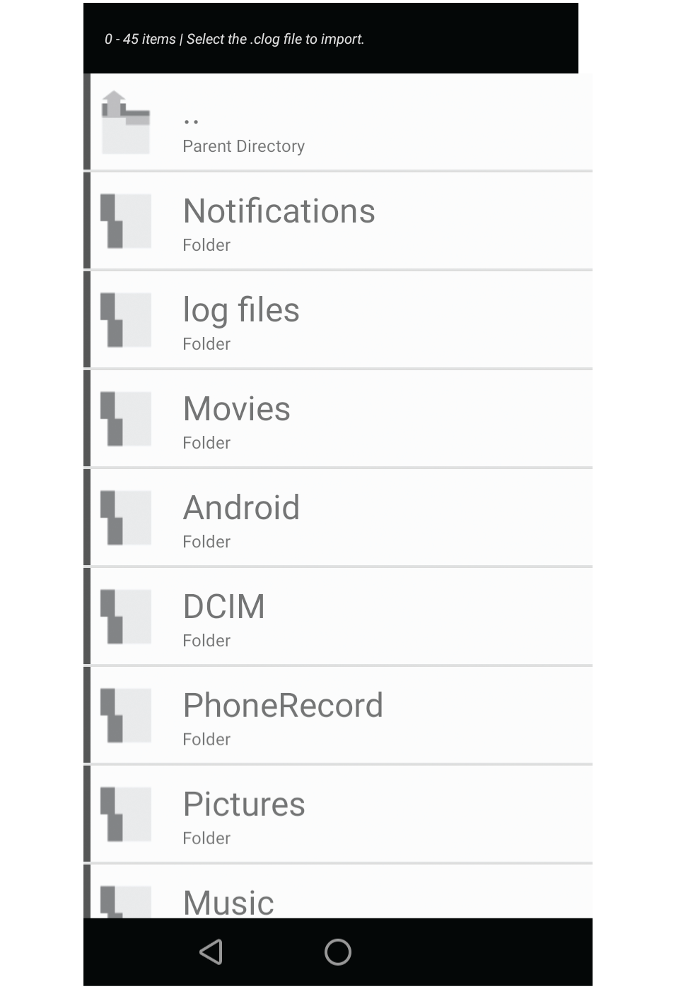 Screenshot showing list of files and folders to load a log file from.