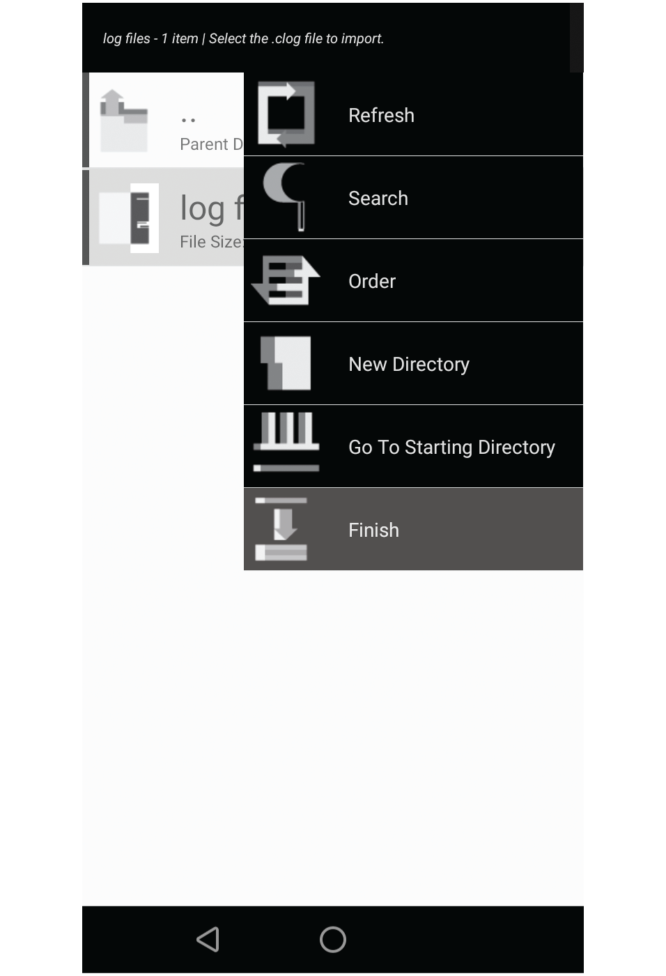 Screenshot showing the file menu expanded with the finish menu item highlighted.