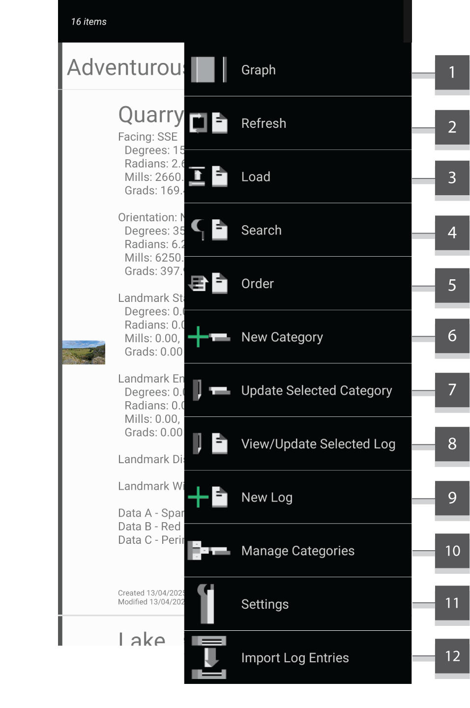 Screenshot showing the menu expanded with numeric annotations attached to each menu item.