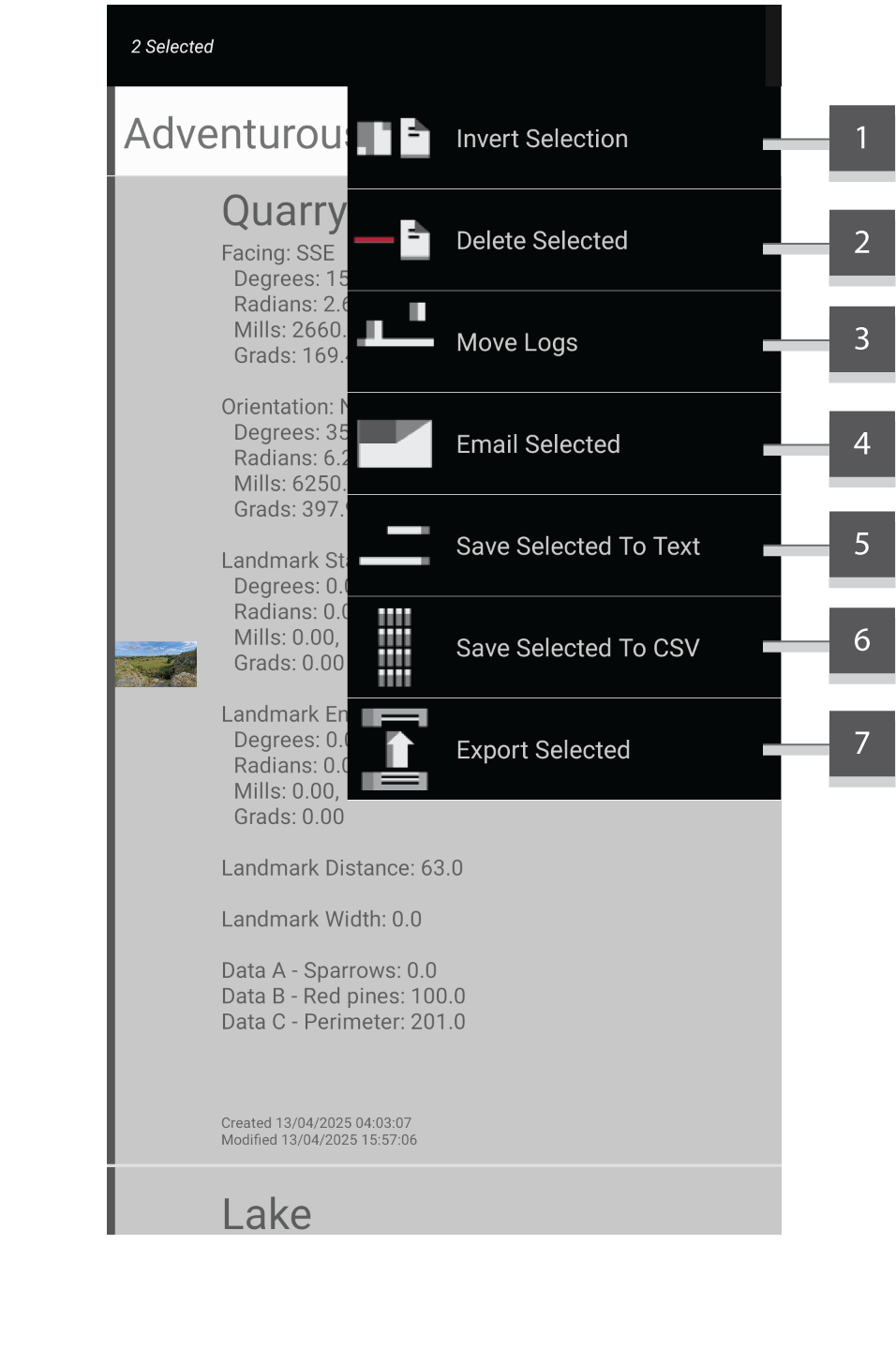 Screenshot showing the menu expanded with numeric annotations attached to each menu item.