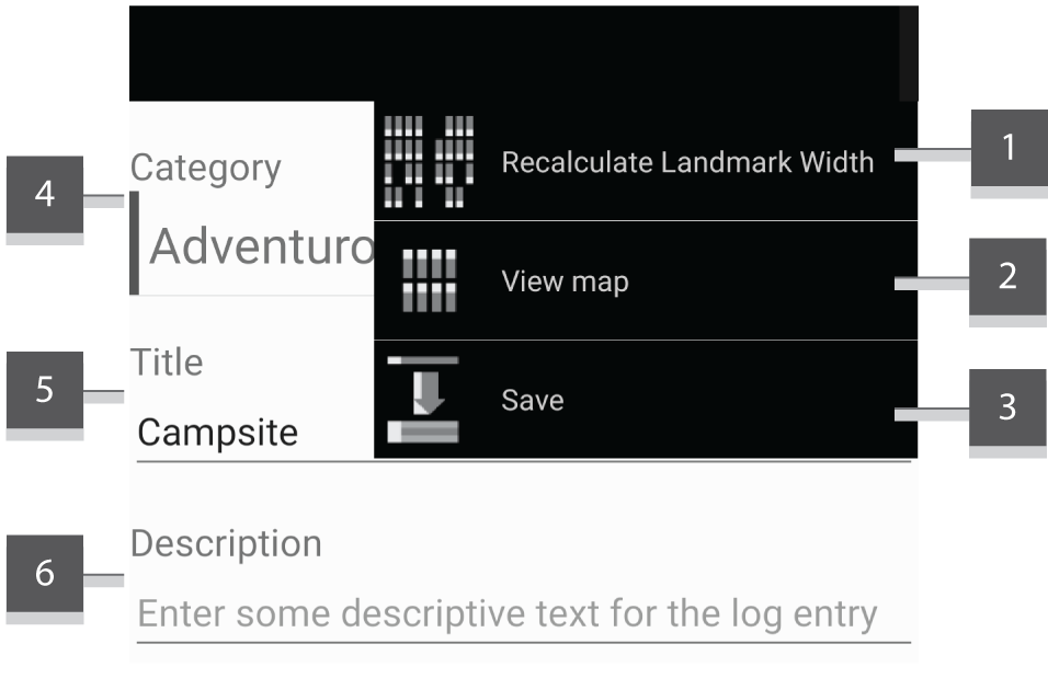 Screenshot showing the top section of the Log editor with the menu expanded with numeric annotations attached to each menu item.