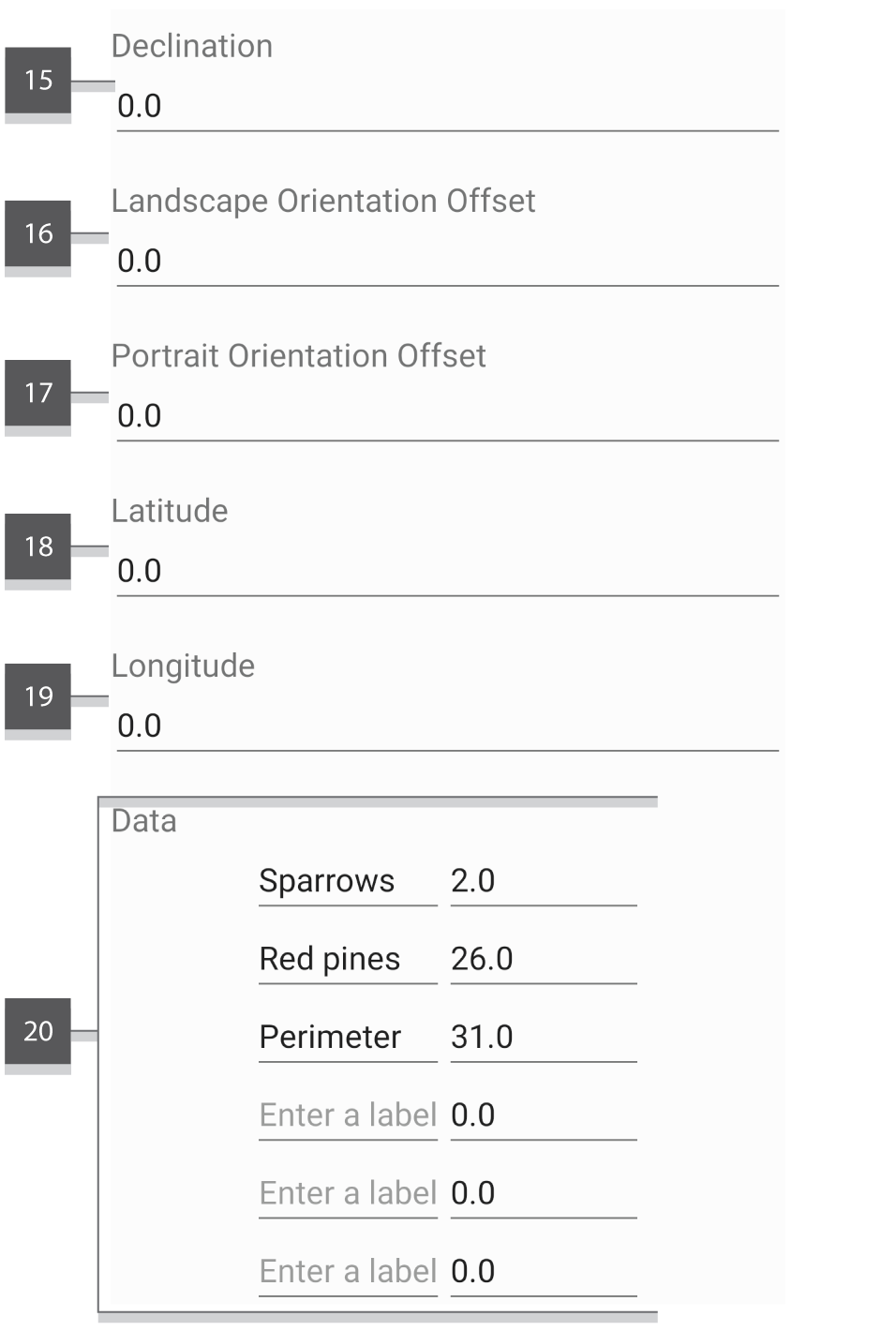 Screenshot showing the forth section of the log editor with numeric annotations attached to each item.