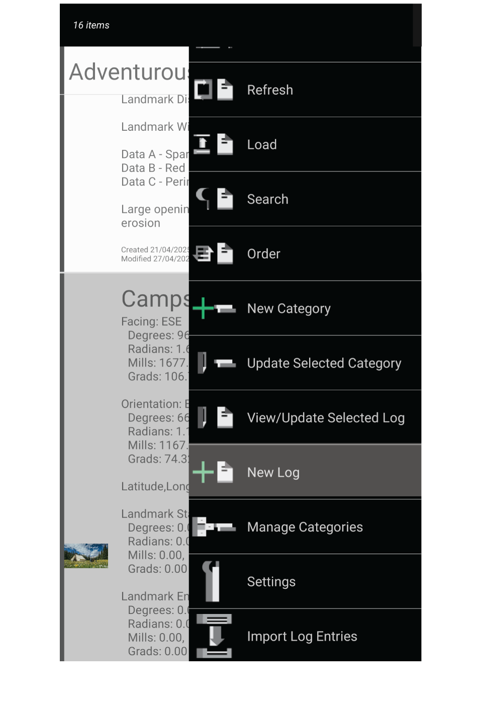 Screenshot showing add to log menu item highlighted.
