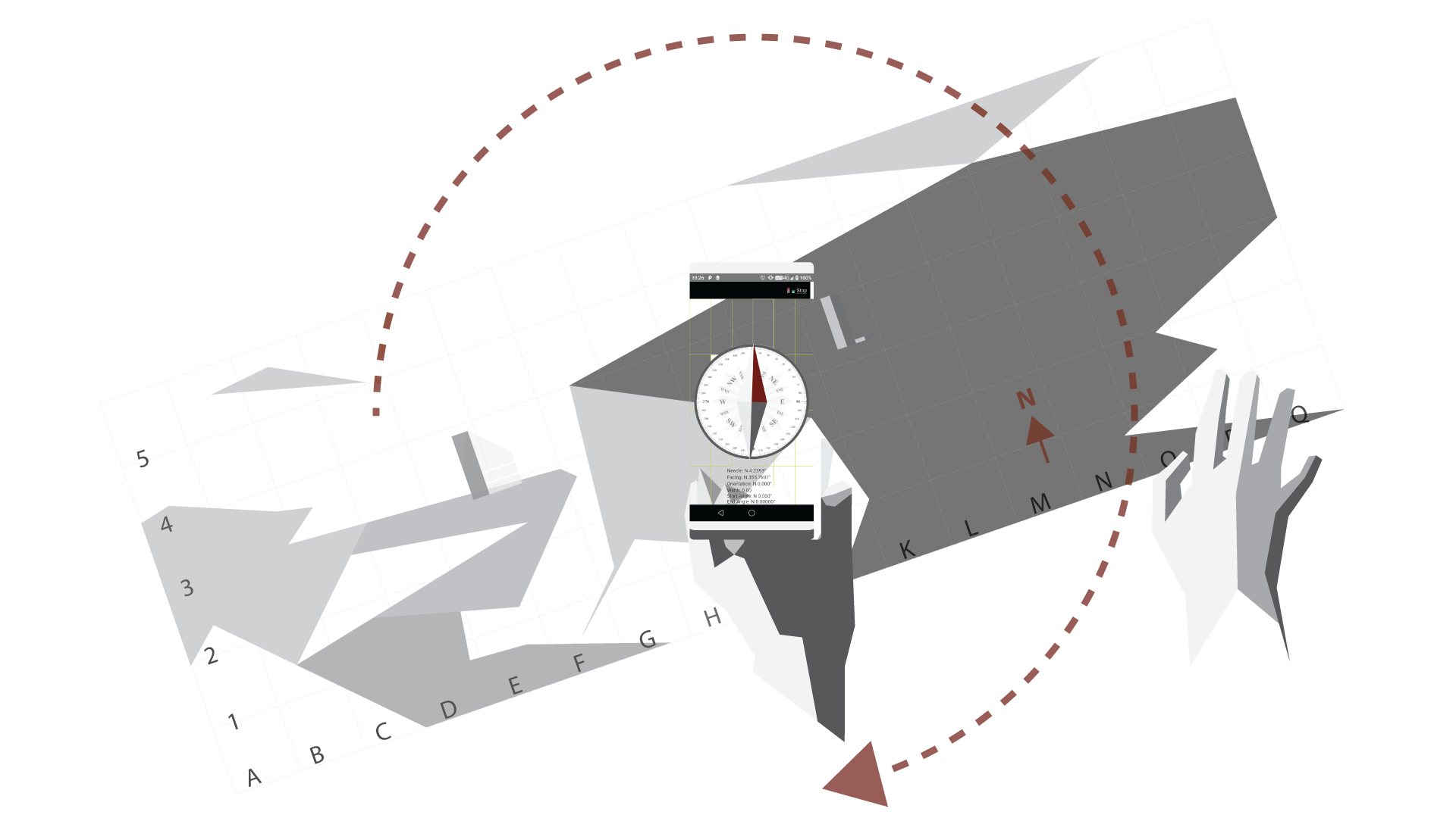 Screenshot depicting the idea of first orienting the smart device to magnetic north and then rotating the map to magnetic north.