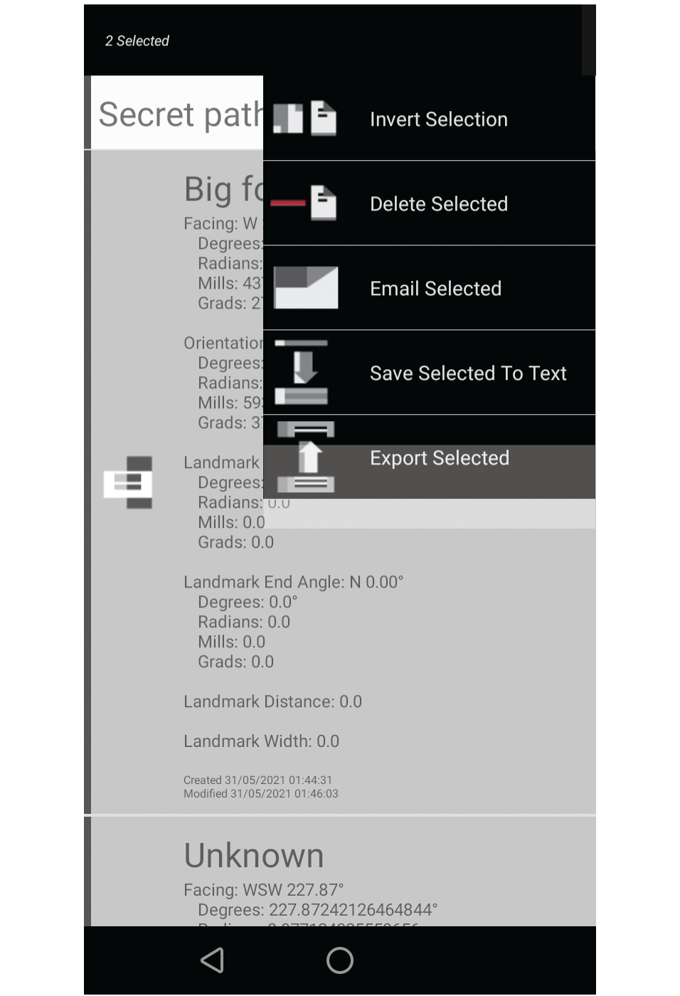 Screenshot showing menu expanded with the export selected menu item highlighted.