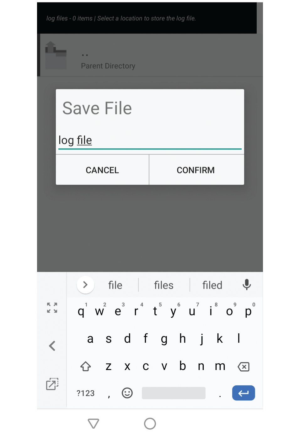 Screenshot showing file name input dialog with the example filename 'logs'.