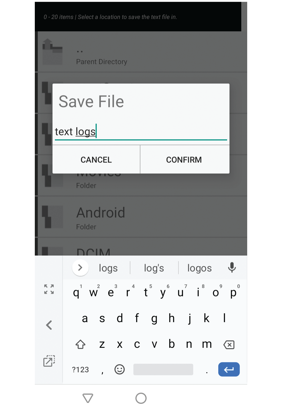 Screenshot showing file name input dialog with the example filename 'logs'.