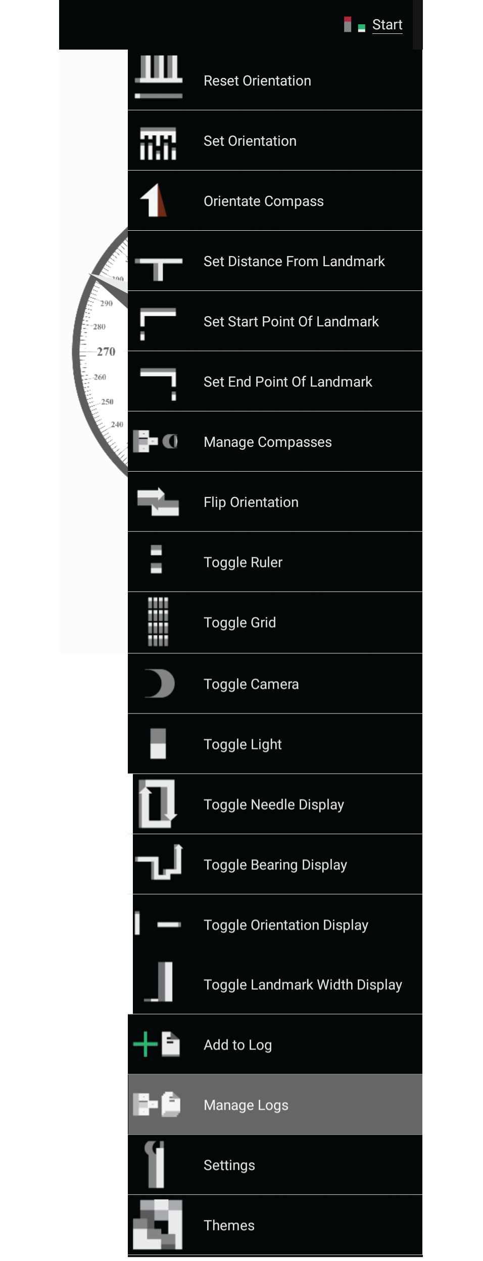 Screenshot showing menu expanded with the manage logs menu item highlighted.