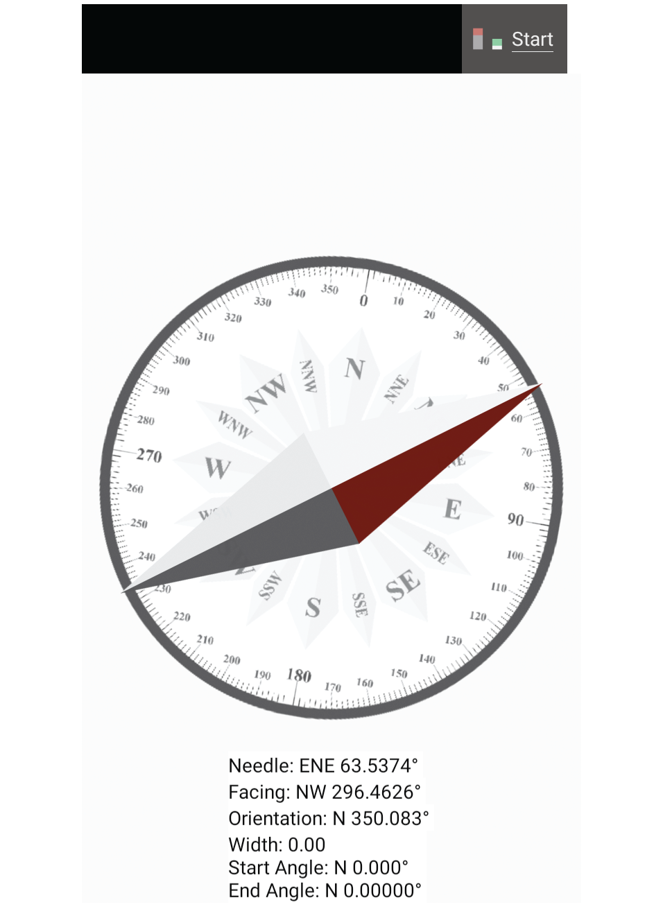 Screenshot showing compass with start button highlighted.