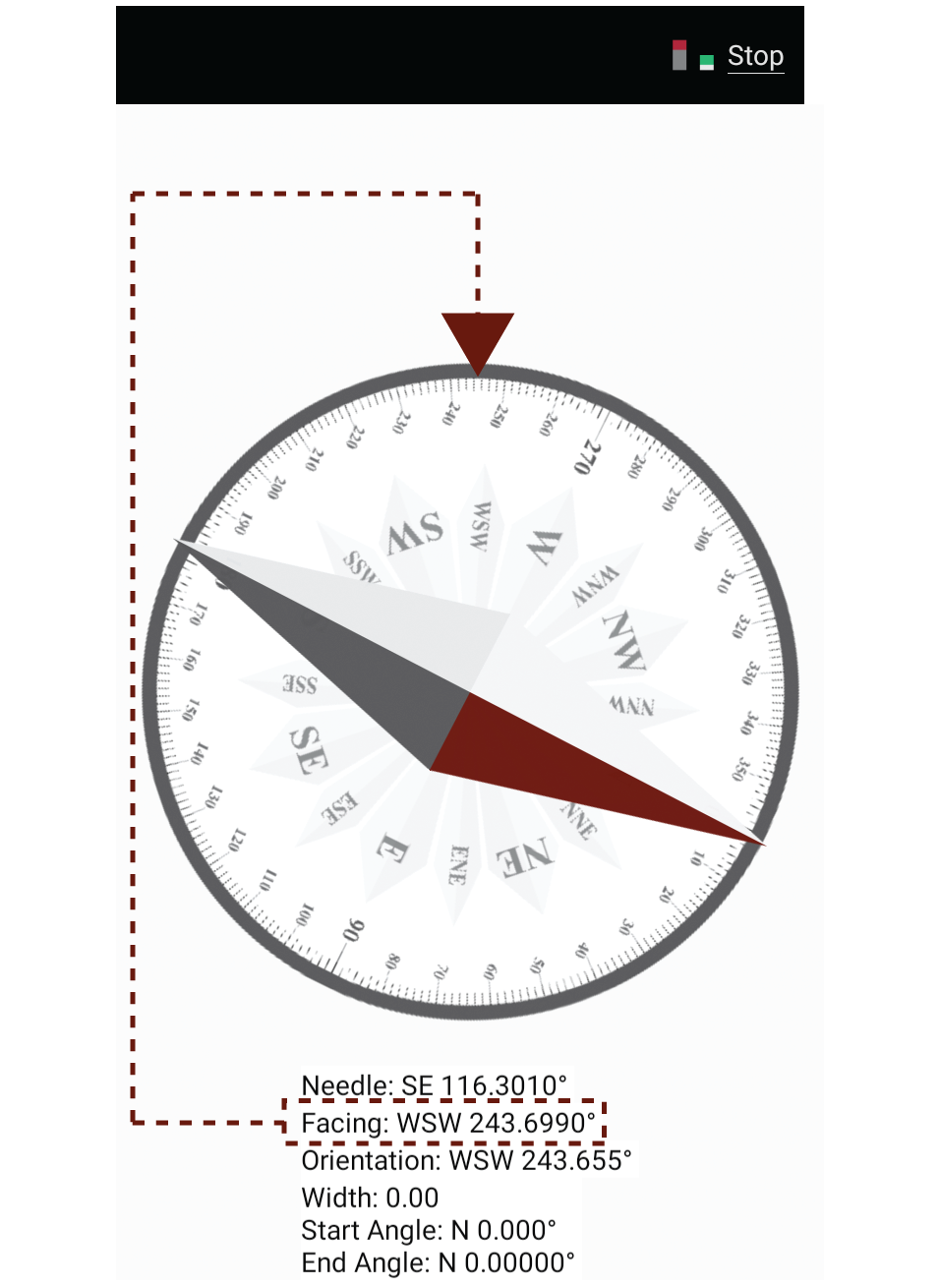 Screenshot highlighting the direction that the user would be facing giving the compass configuration.