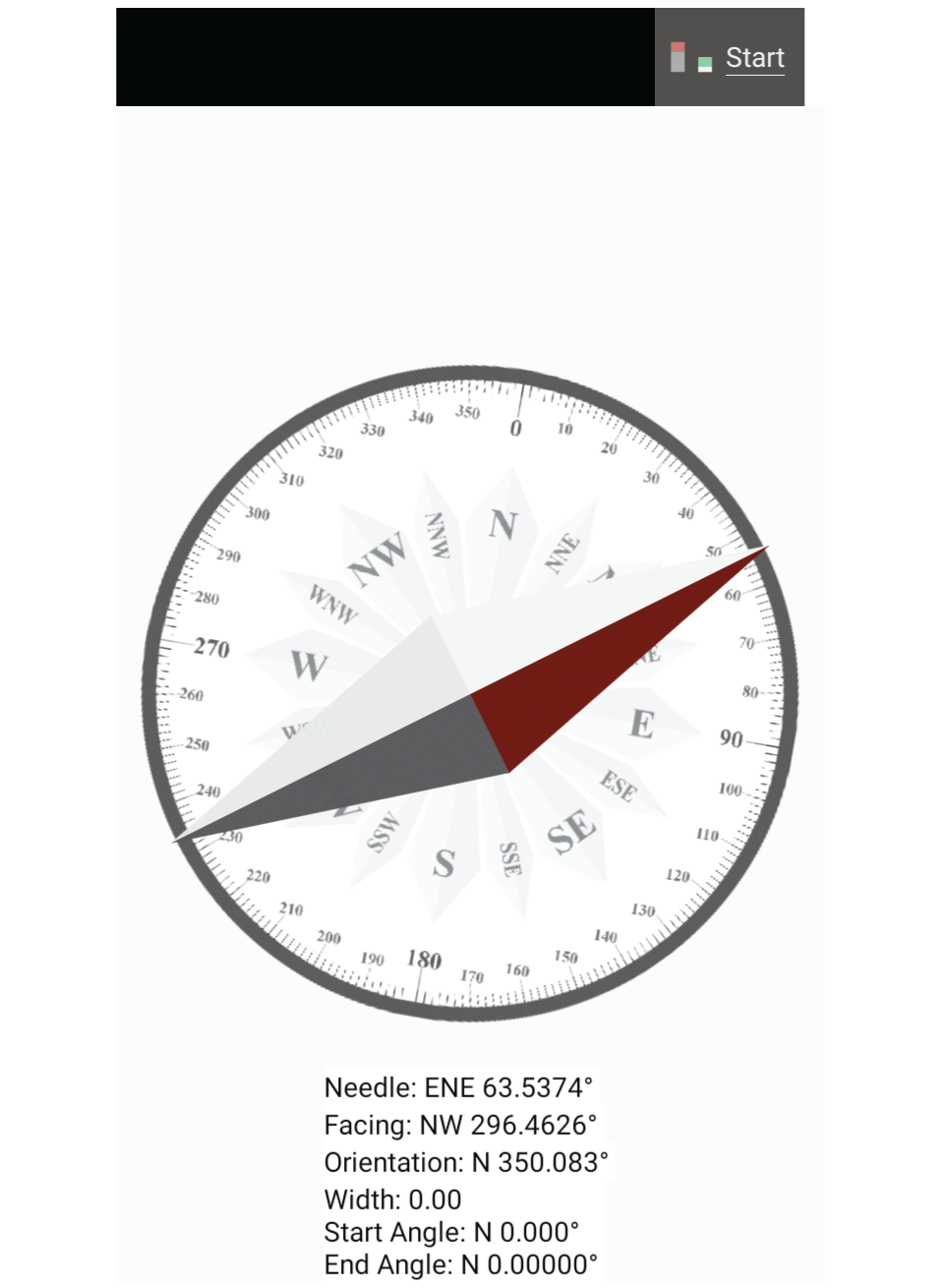 Screenshot showing compass with start button highlighted.