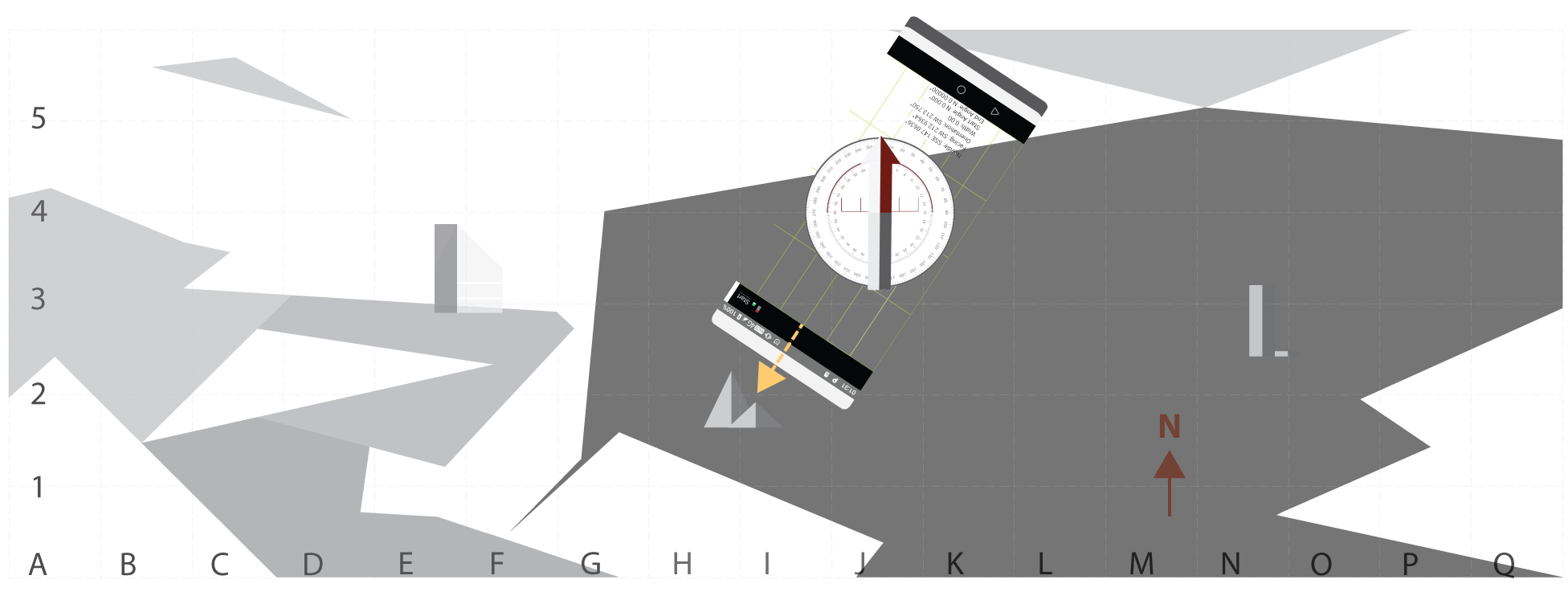 Screenshot demonstrating how to orientate the compass against the map once the first bearing of a landmark has been taken.