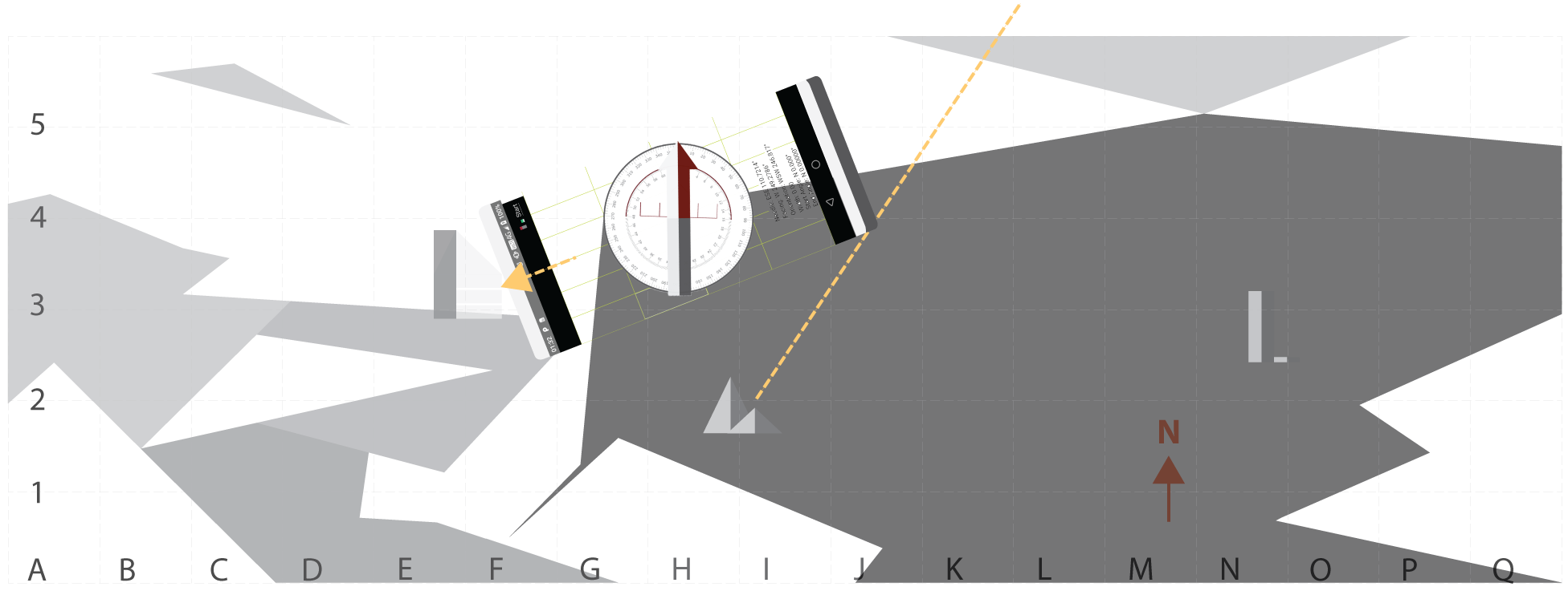 Screenshot demonstrating how to orientate the compass against the map once the second bearing of a landmark has been taken.