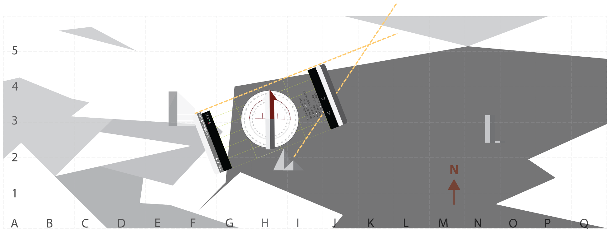 Screenshot demonstrating using the smart device as a ruler to draw line against or to place a straight object against from the second landmark.
                            The intersection of the first and second line marks where the compass user is on the map.