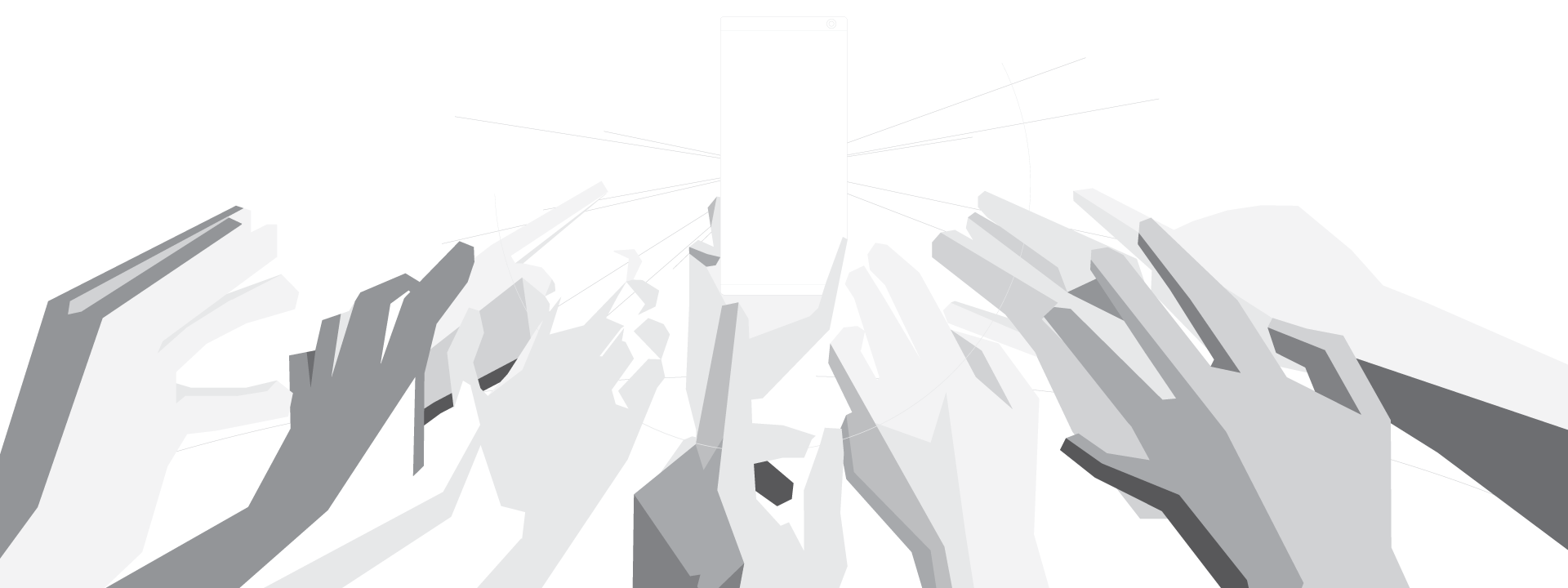 Illustration of hands reaching toward a gripped smartphone.