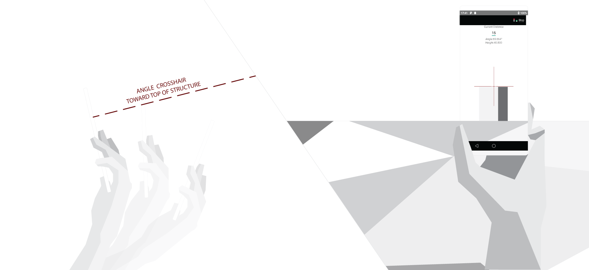 2 part Illustration depicting basic instructions - 
                     Left half showing side profile of
                     a gripped smartphone with the words angle 
                     crosshair toward top of structure. Right half of the image
                     showing the same gripped smartphone but from the front with 
                     camera feature of the application being demonstrated. 
                     A crosshair is shown on the screen of the smartphone and
                     points to the top of a distant structure.