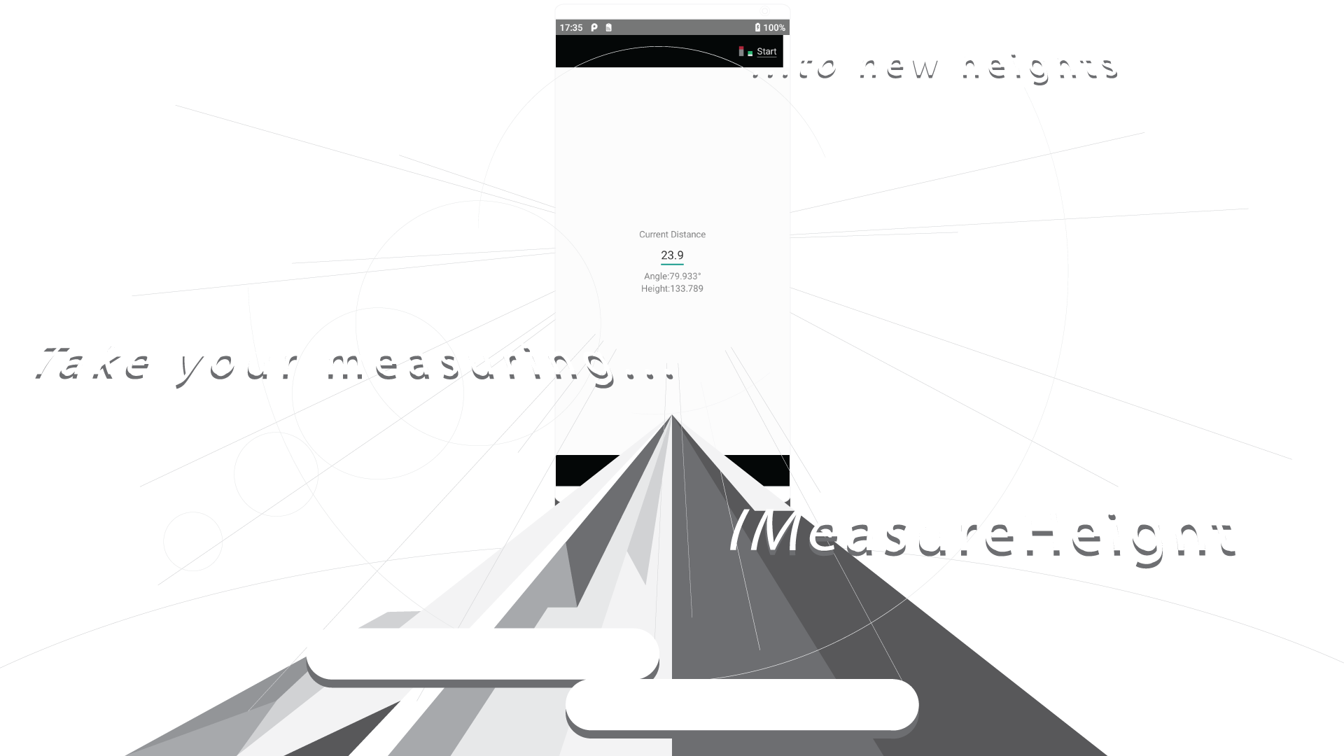 Illustration of a large smartphone running the IMeasureHeight
                application placed on the very top of a mountain. Beams of light
                protrude from the smarphone with clouds underneath.