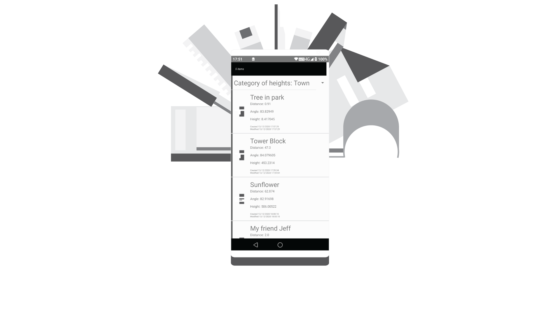 Illustration of stationary arranged like a swiss army knife
                            behind a smartphone running the logging
                                system of IMeasureHeight.
