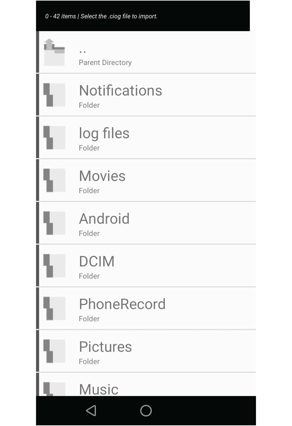 Screenshot showing list of files and folders to load a log file from.