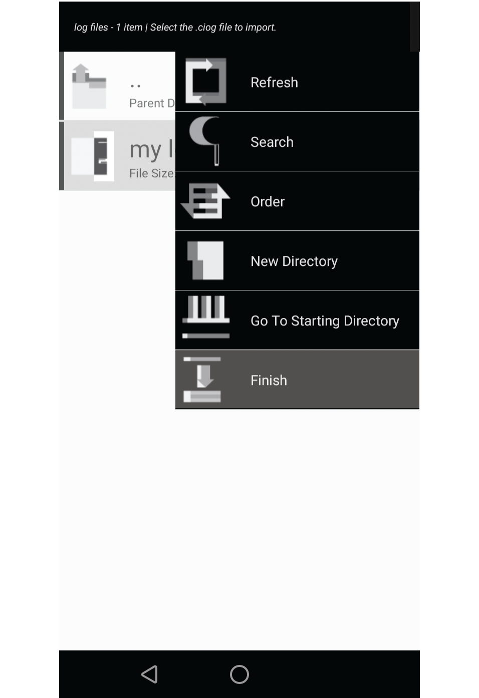 Screenshot showing the file menu expanded with the finish menu item highlighted.