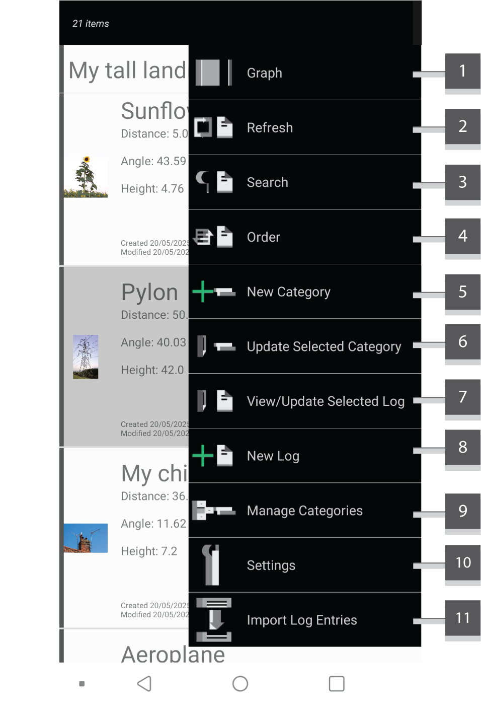 Screenshot showing the menu expanded with numeric annotations attached to each menu item.