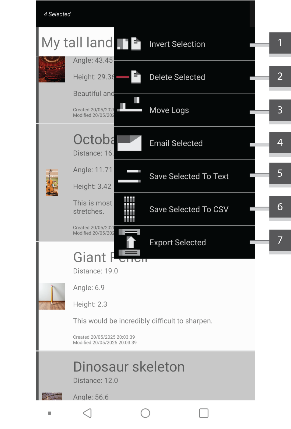 Screenshot showing the menu expanded with numeric annotations attached to each menu item.