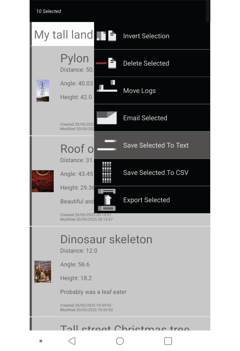 Screenshot showing menu expanded with the export selected menu item highlighted.