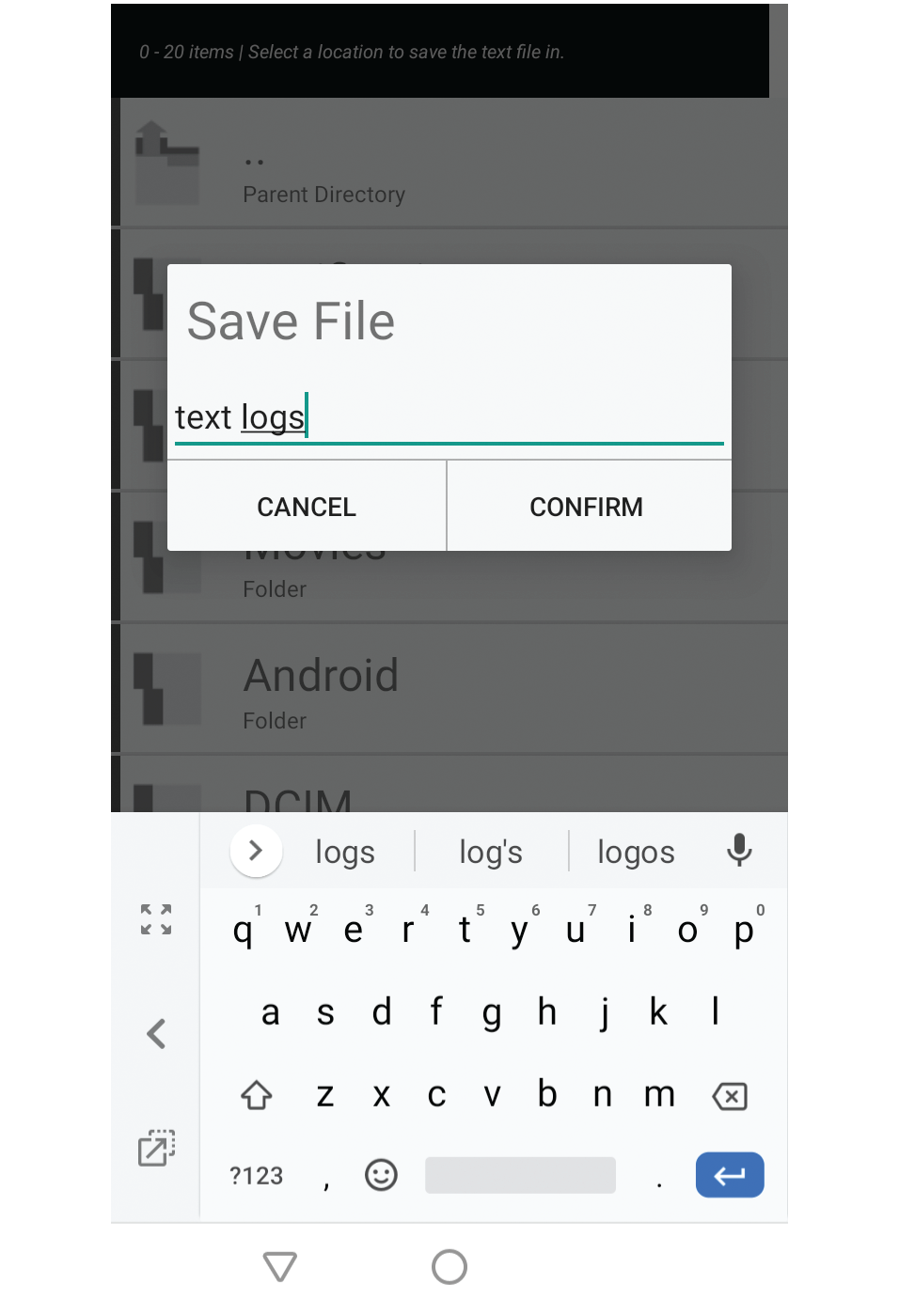 Screenshot showing file name input dialog with the example filename 'logs'.