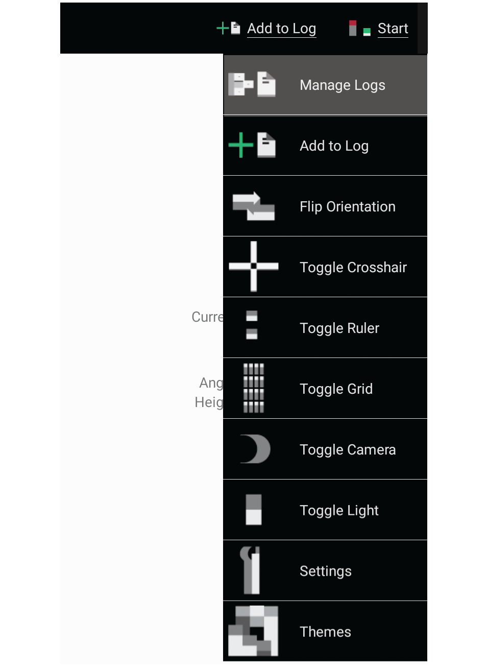 Screenshot showing menu expanded with the manage logs menu item highlighted.