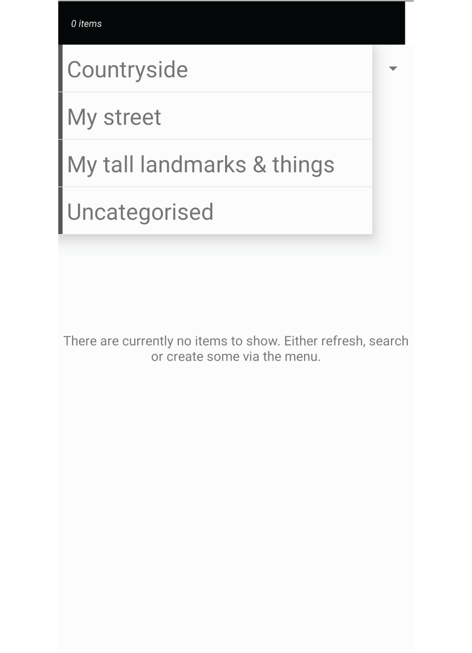 Screenshot showing the log manager with the category spinner expanded.