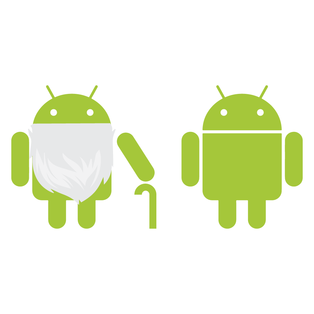 Illustration of 2 Android mascots both of which modified to represent
                         thier age. The 1st sports a beard and a walking stick and the other 
                         is the traditional upright Android logo without a beard.