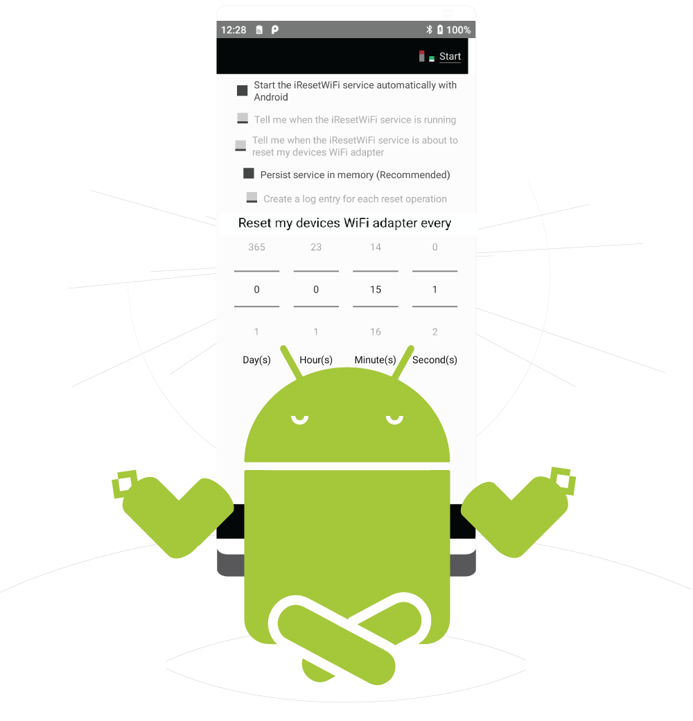 Illustration of the Android mascot in a cross-legged meditative pose. 
                            A screenshot of the IResetWiFi application is positioned behind him.