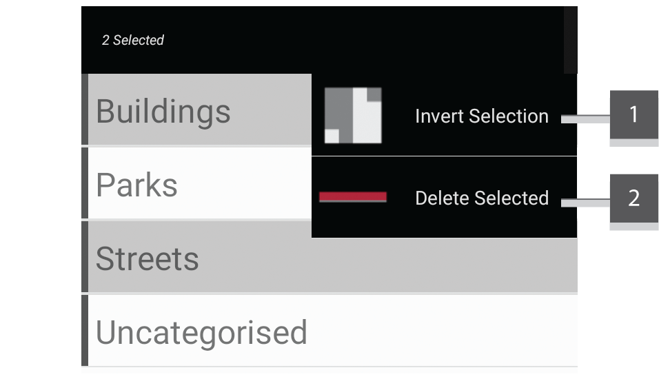 Screenshot showing the category manager in highlight mode with menu expanded.