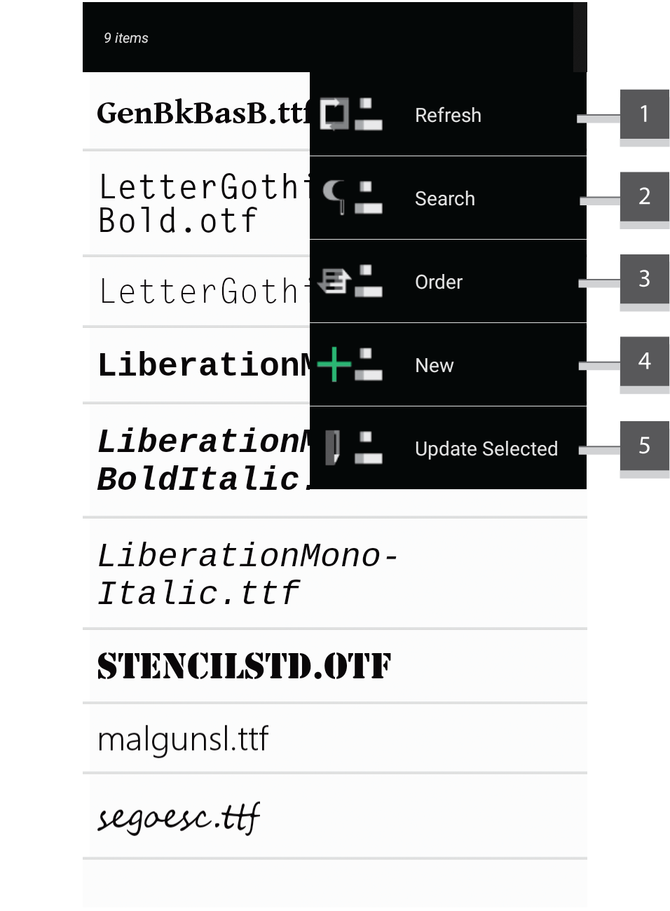 Screenshot showing the font manager with menu expanded.